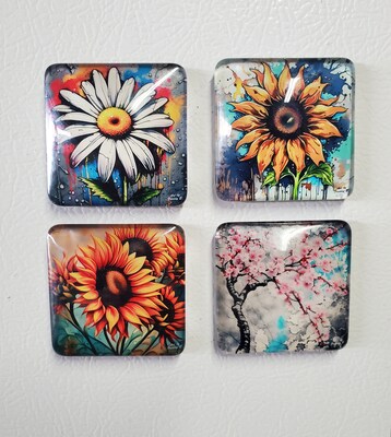 Collectible Fridge Magnets, Cubicle Decor, Set of 4 Medium Size Crystal Clear Acrylic Magnets, The Flowers Collection - image1